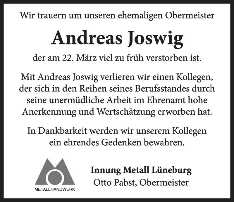  Traueranzeige für Andreas Joswig vom 10.04.2021 aus LZ