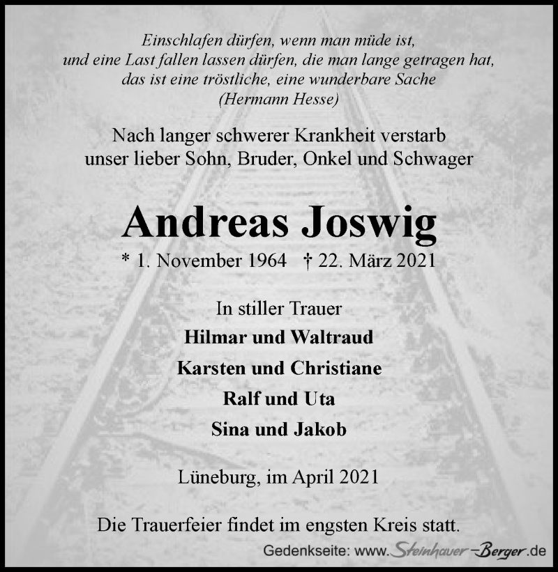  Traueranzeige für Andreas Joswig vom 10.04.2021 aus LZ