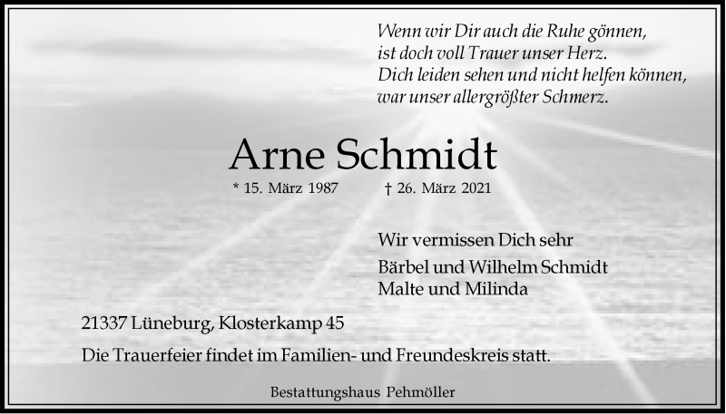  Traueranzeige für Arne Schmidt vom 03.04.2021 aus LZ