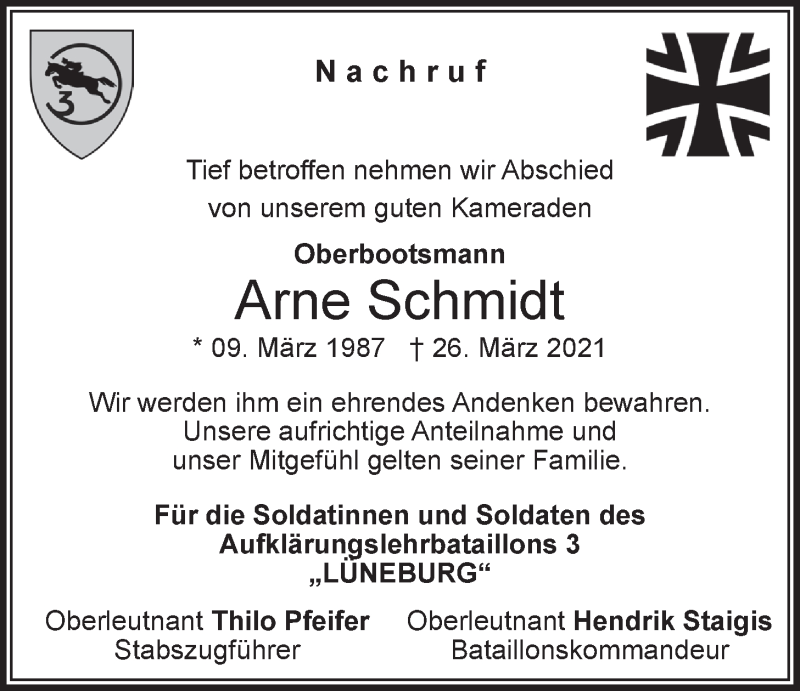  Traueranzeige für Arne Schmidt vom 13.04.2021 aus LZ