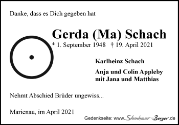 Anzeige von Gerda Schach von LZ