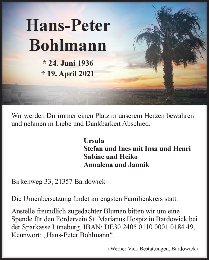  Traueranzeige für Hans-Peter Bohlmann vom 24.04.2021 aus LZ