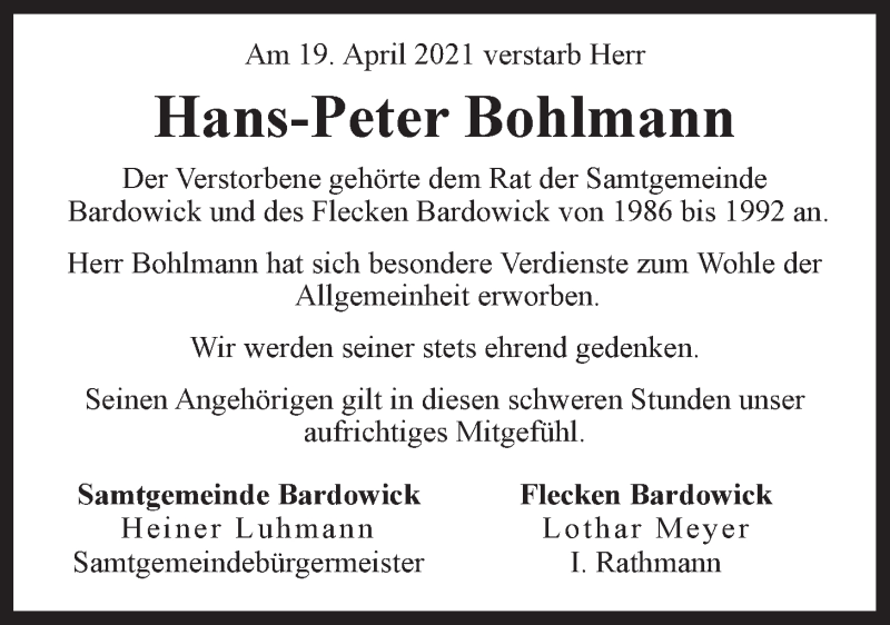  Traueranzeige für Hans-Peter Bohlmann vom 24.04.2021 aus LZ
