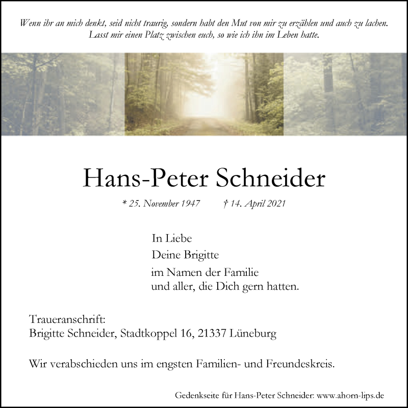  Traueranzeige für Hans-Peter Schneider vom 24.04.2021 aus LZ