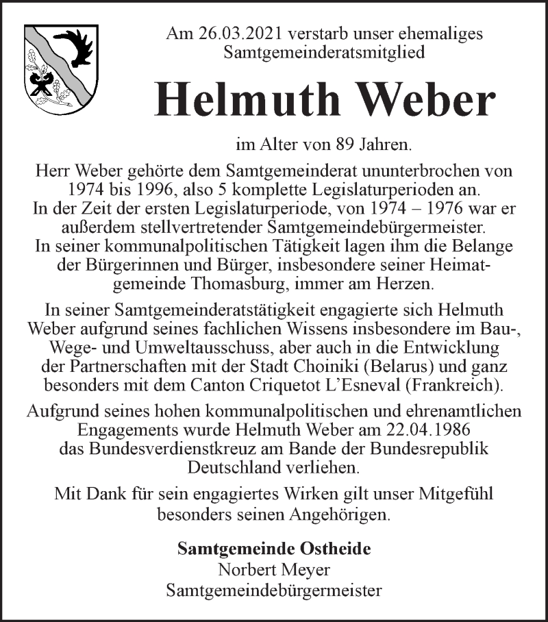  Traueranzeige für Helmuth Weber vom 03.04.2021 aus LZ