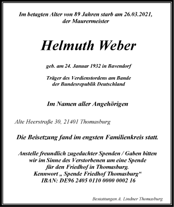 Anzeige von Helmuth Weber von LZ