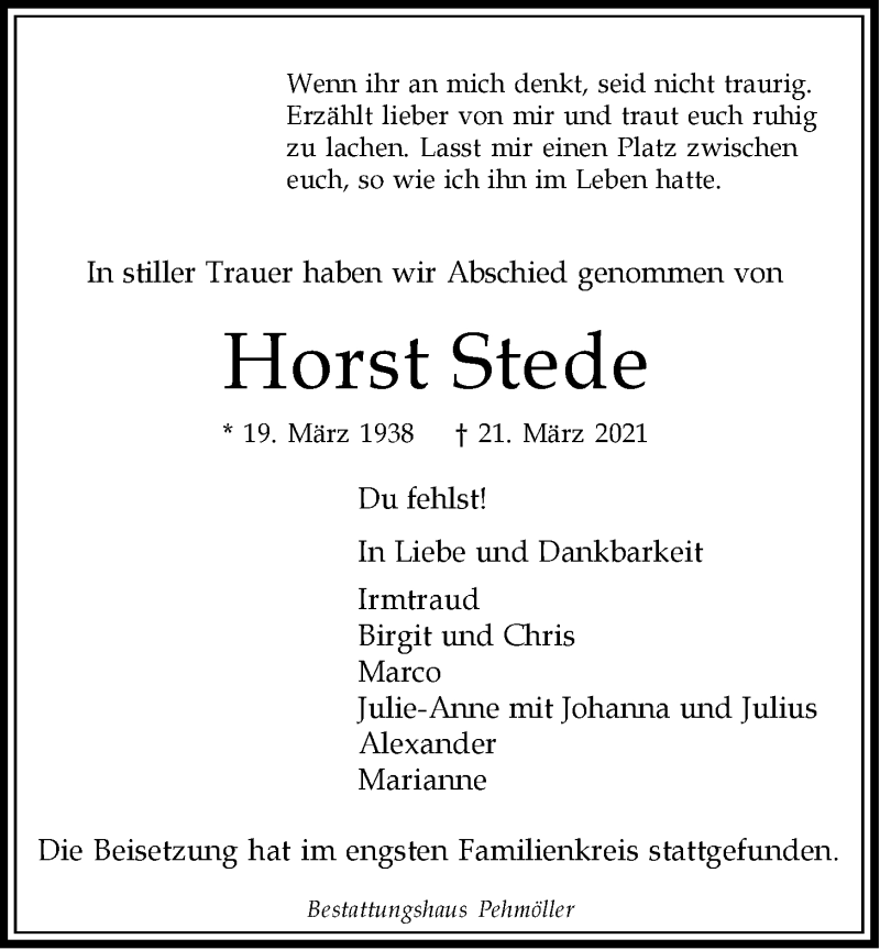  Traueranzeige für Horst Stede vom 03.04.2021 aus LZ