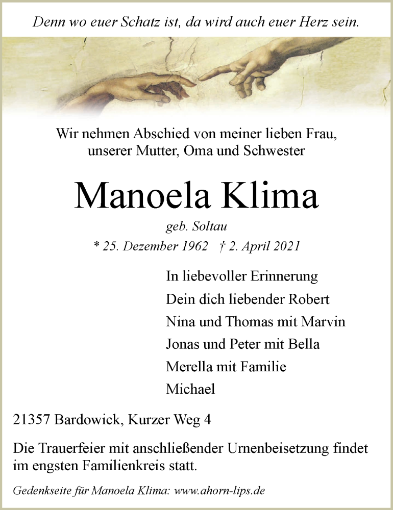  Traueranzeige für Manoela Klima vom 07.04.2021 aus LZ