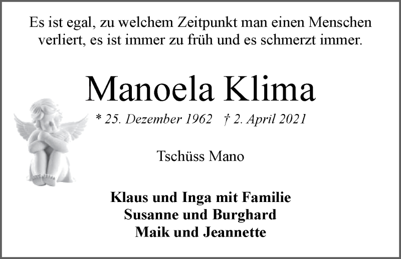  Traueranzeige für Manoela Klima vom 07.04.2021 aus LZ