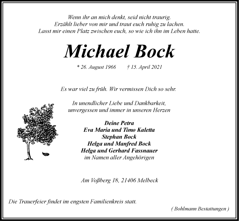  Traueranzeige für Michael Bock vom 24.04.2021 aus LZ