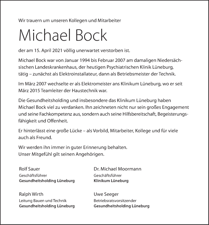  Traueranzeige für Michael Bock vom 24.04.2021 aus LZ