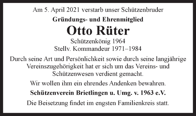  Traueranzeige für Otto Rüter vom 10.04.2021 aus LZ