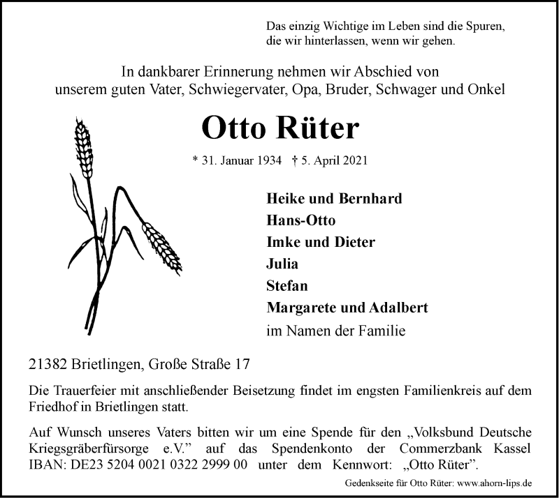  Traueranzeige für Otto Rüter vom 10.04.2021 aus LZ