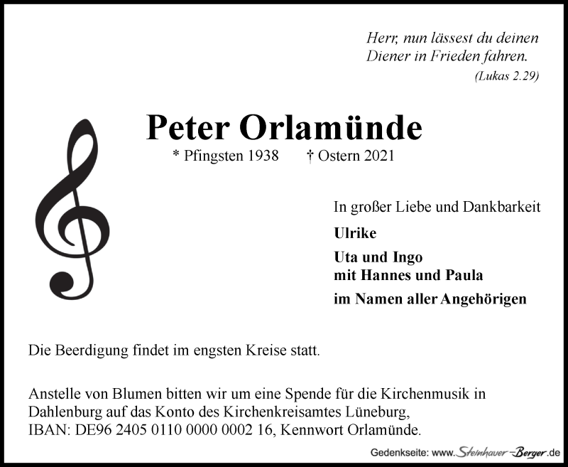  Traueranzeige für Peter Orlamünde vom 10.04.2021 aus LZ