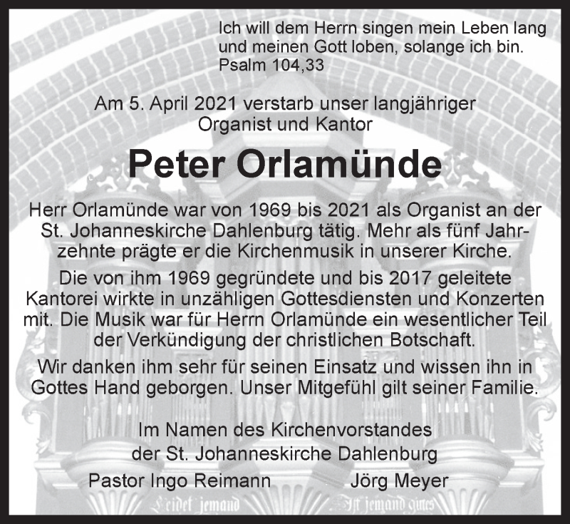  Traueranzeige für Peter Orlamünde vom 10.04.2021 aus LZ