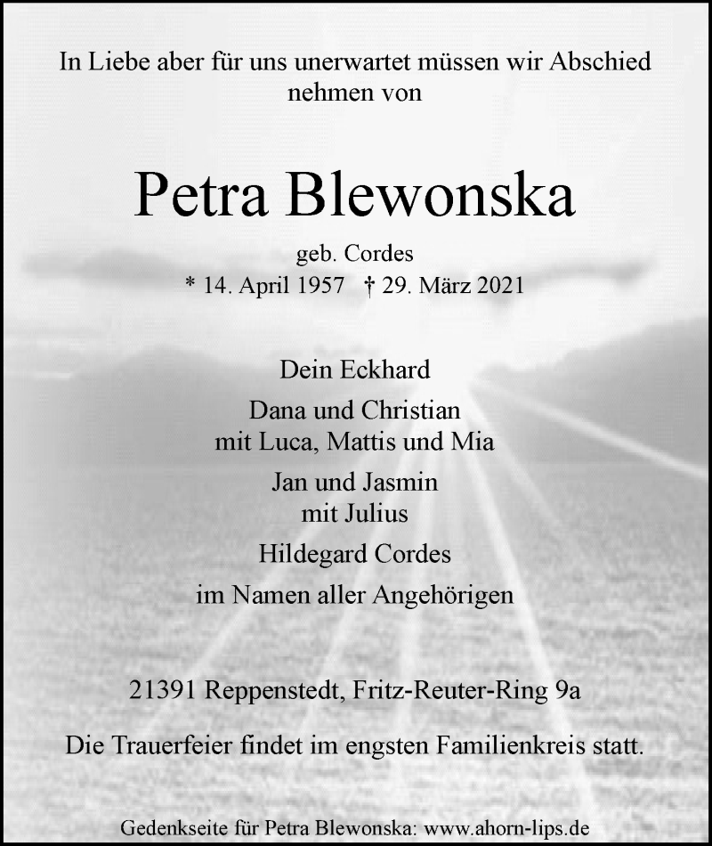  Traueranzeige für Petra Blewonska vom 03.04.2021 aus LZ