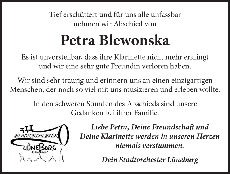  Traueranzeige für Petra Blewonska vom 03.04.2021 aus LZ