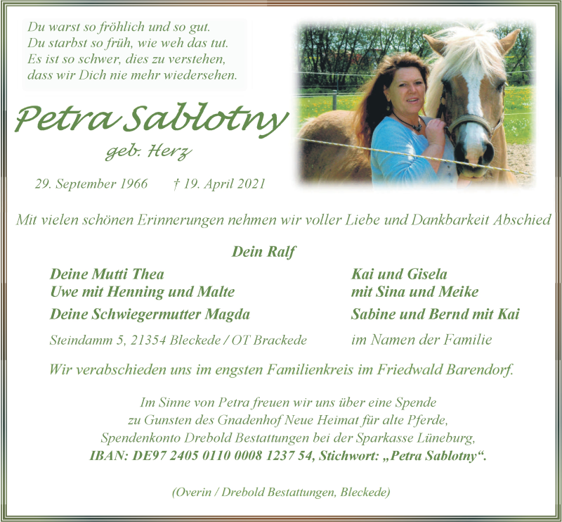  Traueranzeige für Petra Sablotny vom 24.04.2021 aus LZ