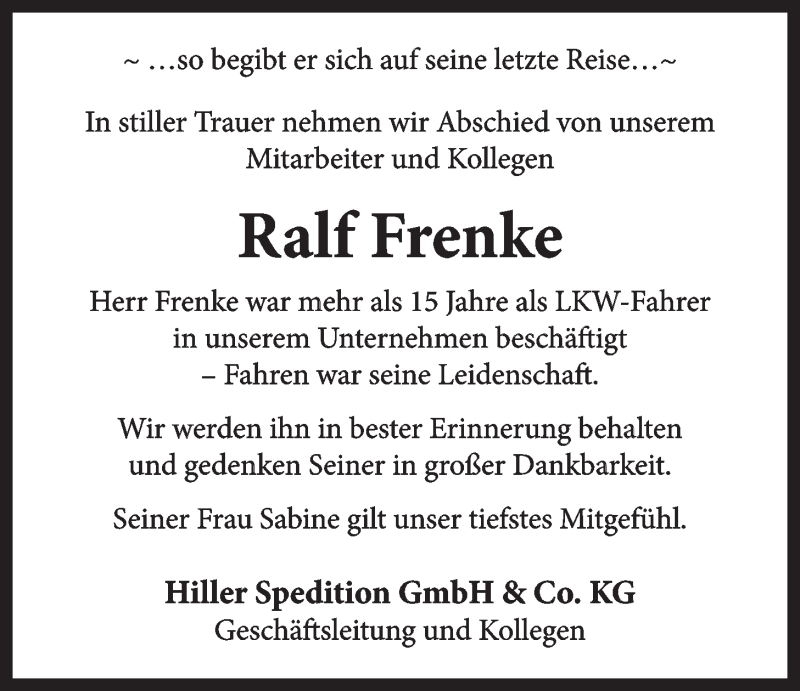  Traueranzeige für Ralf Frenke vom 10.04.2021 aus LZ