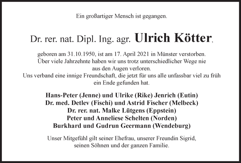  Traueranzeige für Ulrich Kötter vom 24.04.2021 aus LZ