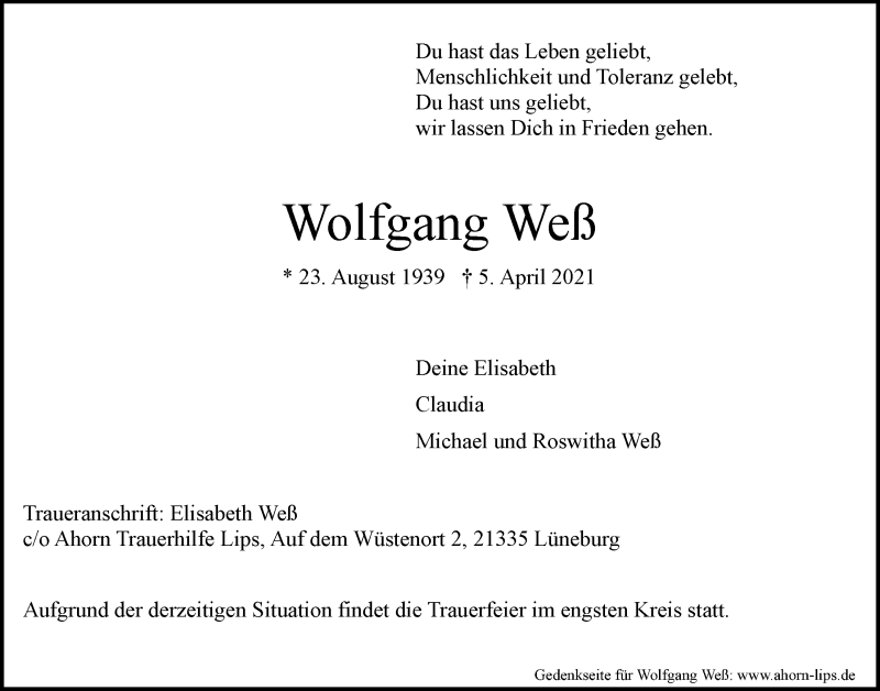  Traueranzeige für Wolfgang Weß vom 10.04.2021 aus LZ