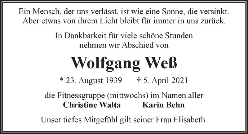  Traueranzeige für Wolfgang Weß vom 17.04.2021 aus LZ