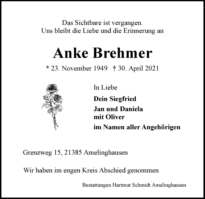  Traueranzeige für Anke Brehmer vom 08.05.2021 aus LZ