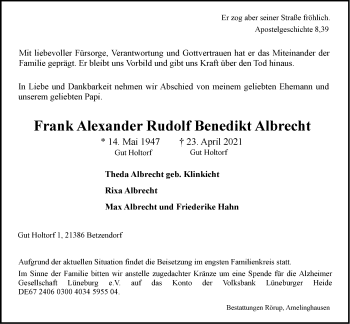 Anzeige von Frank Alexander Rudolf Benedikt Albrecht von LZ