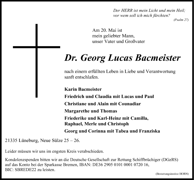  Traueranzeige für Georg Lucas Bacmeister vom 25.05.2021 aus LZ