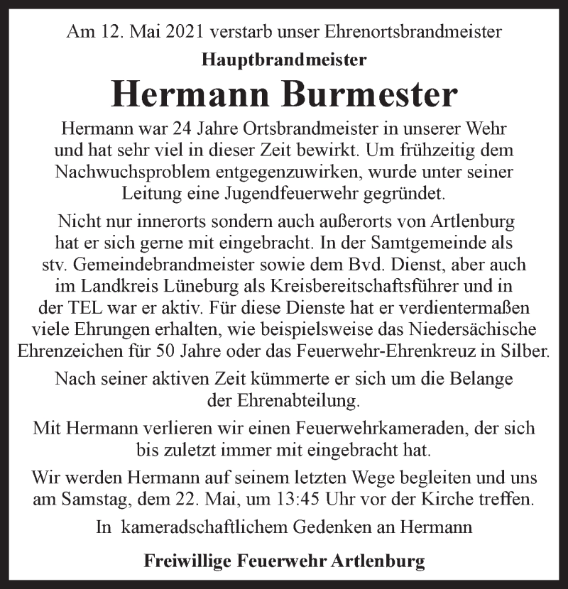  Traueranzeige für Hermann Burmester vom 15.05.2021 aus LZ