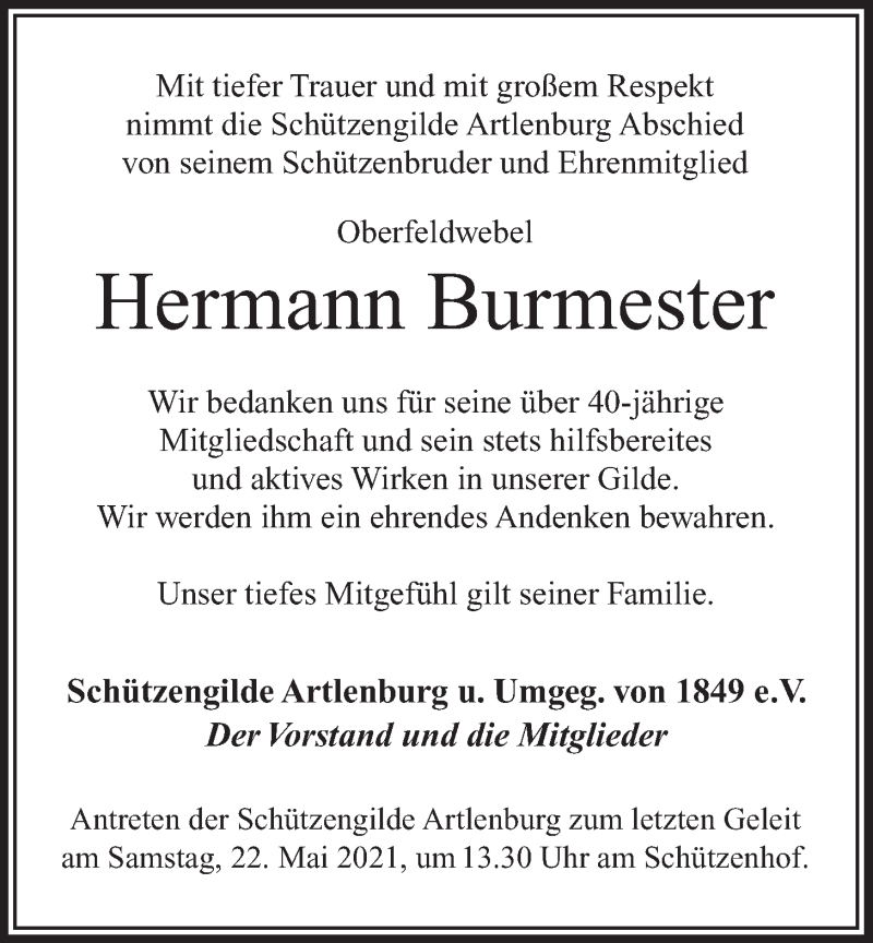  Traueranzeige für Hermann Burmester vom 15.05.2021 aus LZ