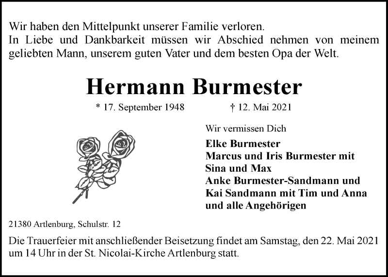  Traueranzeige für Hermann Burmester vom 15.05.2021 aus LZ