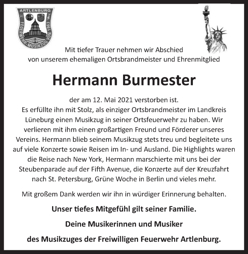  Traueranzeige für Hermann Burmester vom 15.05.2021 aus LZ