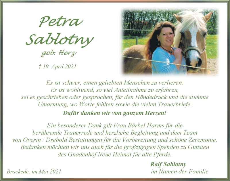  Traueranzeige für Petra Sablotny vom 22.05.2021 aus LZ
