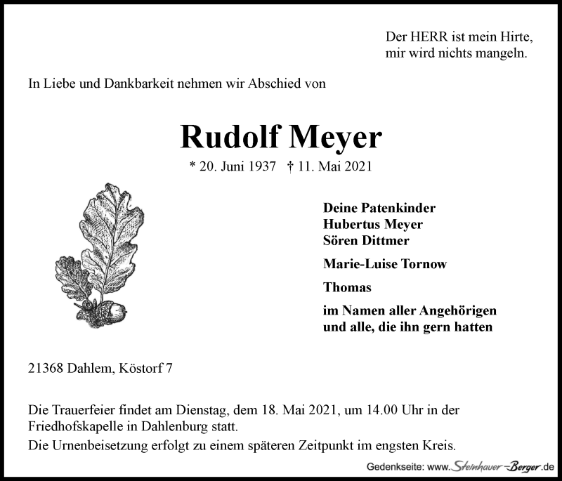 Traueranzeige für Rudolf Meyer vom 15.05.2021 aus LZ