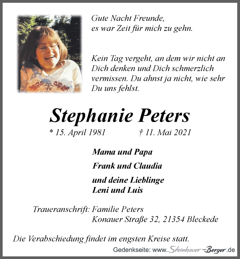  Traueranzeige für Stephanie Peters vom 15.05.2021 aus LZ