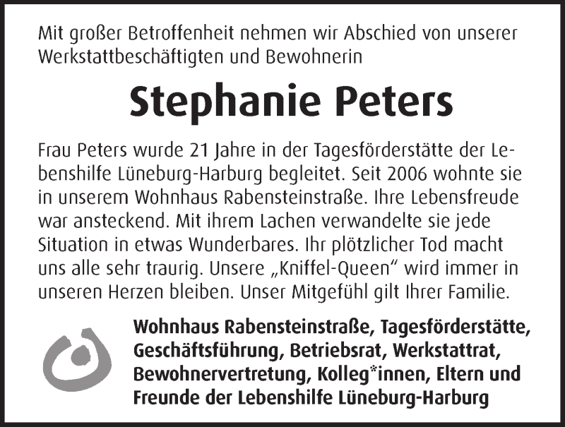  Traueranzeige für Stephanie Peters vom 15.05.2021 aus LZ
