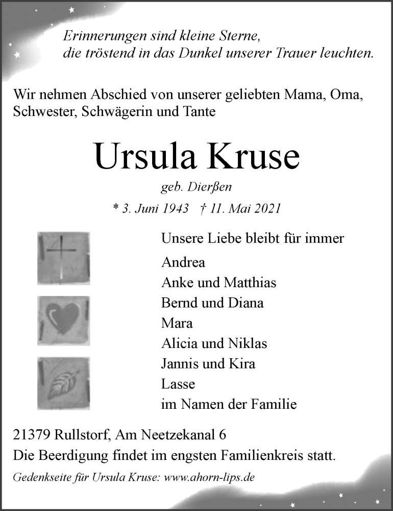  Traueranzeige für Ursula Kruse vom 15.05.2021 aus LZ