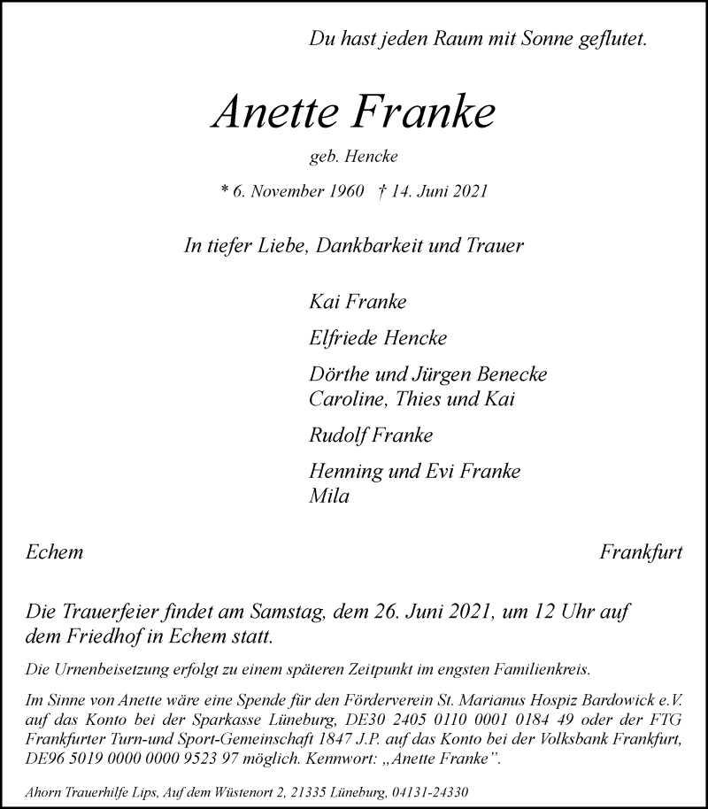  Traueranzeige für Anette Franke vom 23.06.2021 aus LZ