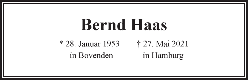  Traueranzeige für Bernd Haas vom 26.06.2021 aus LZ