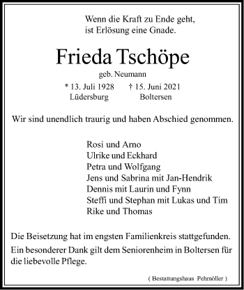 Anzeige von Frieda Tschöpe von LZ
