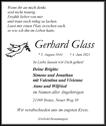 Anzeige von Gerhard Glass von LZ
