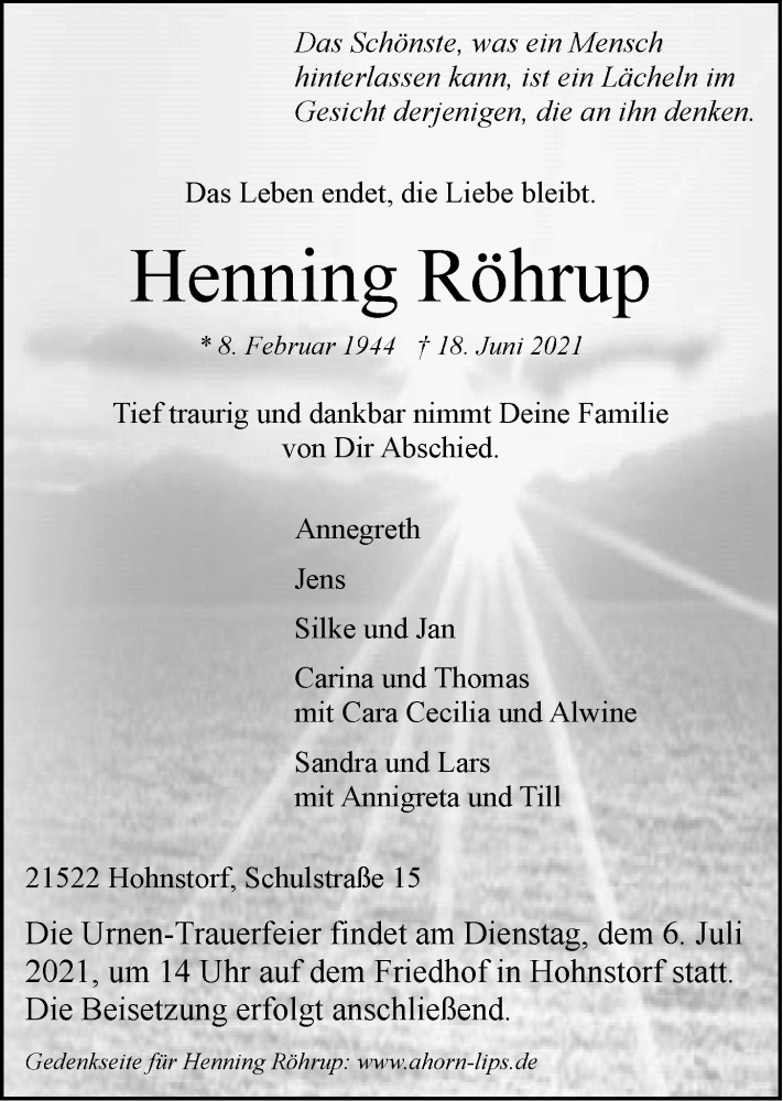  Traueranzeige für Henning Röhrup vom 26.06.2021 aus LZ
