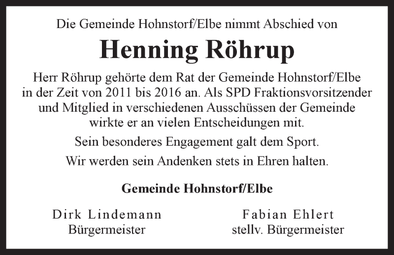  Traueranzeige für Henning Röhrup vom 26.06.2021 aus LZ