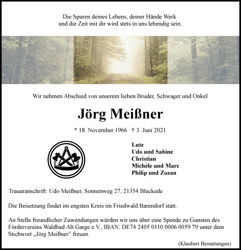  Traueranzeige für Jörg Meißner vom 12.06.2021 aus LZ