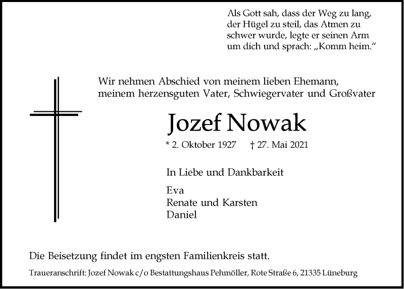  Traueranzeige für Jozef Nowak vom 05.06.2021 aus LZ
