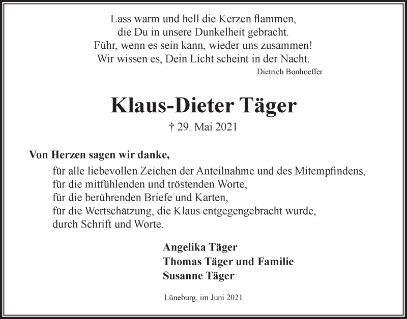  Traueranzeige für Klaus-Dieter Täger vom 26.06.2021 aus LZ