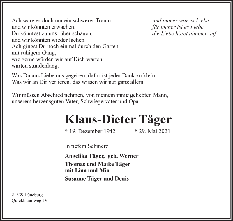  Traueranzeige für Klaus-Dieter Täger vom 05.06.2021 aus LZ