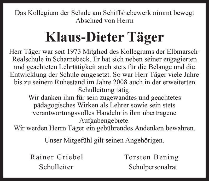  Traueranzeige für Klaus-Dieter Täger vom 12.06.2021 aus LZ