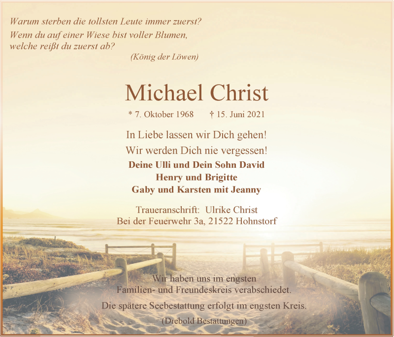  Traueranzeige für Michael Christ vom 23.06.2021 aus LZ
